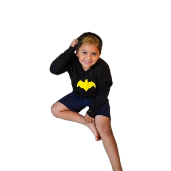 Hand Crafted Upcycled Long Sleeve Tee Black Yellow Batman Halloween Costume L - Picture 8 of 12